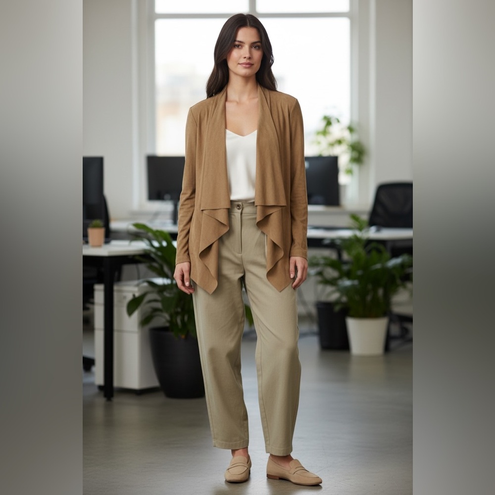 Zara Open Front Suede Draped Cardigan in Taupe